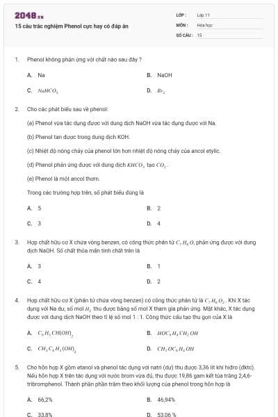 15 câu trắc nghiệm Phenol cực hay có đáp án
