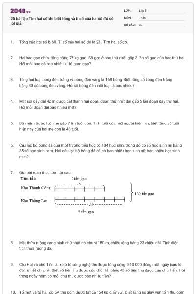 25 bài tập Tìm hai số khi biết tổng và tỉ số của hai số đó có lời giải