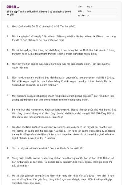 25 bài tập Tìm hai số khi biết hiệu và tỉ số của hai số đó có lời giải