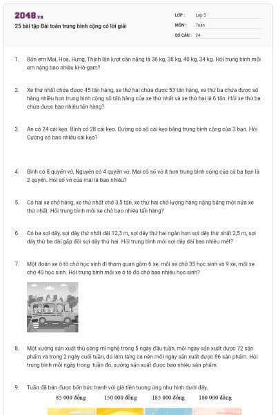 25 bài tập Bài toán trung bình cộng có lời giải