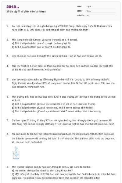 25 bài tập Tỉ số phần trăm có lời giải