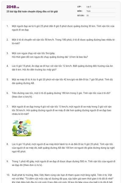 25 bài tập Bài toán chuyển động đều có lời giải