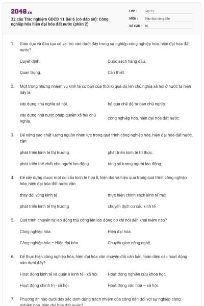 32 câu Trắc nghiệm GDCD 11 Bài 6 (có đáp án): Công nghiệp hóa hiện đại hóa đất nước (phần 2)