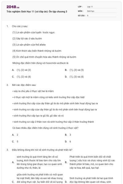 Trắc nghiệm Sinh Học 11 (có đáp án): Ôn tập chương 3