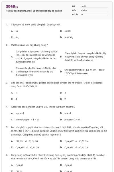 15 câu trắc nghiệm Ancol và phenol cực hay có đáp án