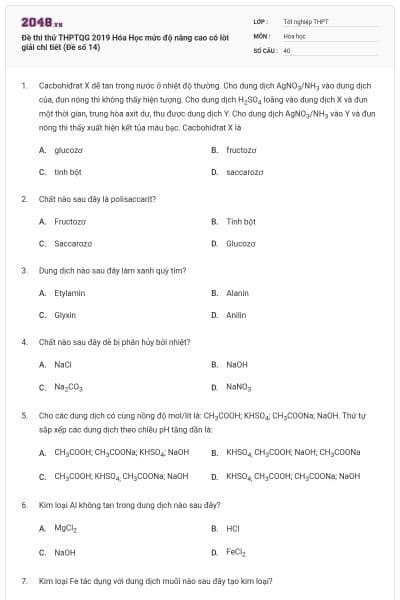 Đề thi thử THPTQG 2019 Hóa Học mức độ nâng cao có lời giải chi tiết (Đề số 14)