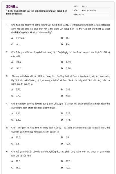 10 câu trắc nghiệm Bài tập kim loại tác dụng với dung dịch Muối có lời giải