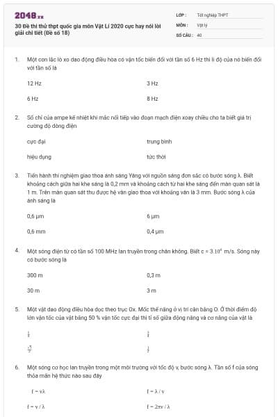 30 Đề thi thử thpt quốc gia môn Vật Lí 2020 cực hay nói lời giải chi tiết (Đề số 18)