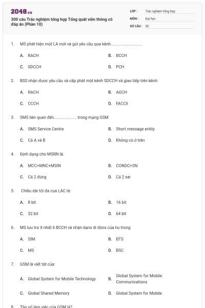 300 câu Trắc nghiệm tổng hợp Tổng quát viễn thông có đáp án (Phần 10)