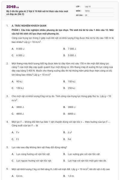 Bộ 3 đề thi giữa kì 2 Vật lí 10 Kết nối tri thức cấu trúc mới có đáp án (Đề 3)