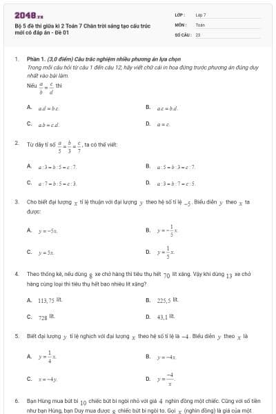 Bộ 5 đề thi giữa kì 2 Toán 7 Chân trời sáng tạo cấu trúc mới có đáp án - Đề 01