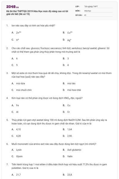 Đề thi thử THPTQG 2019 Hóa Học mức độ nâng cao có lời giải chi tiết (Đề số 15)