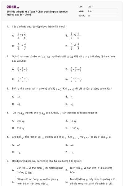 Bộ 5 đề thi giữa kì 2 Toán 7 Chân trời sáng tạo cấu trúc mới có đáp án - Đề 03