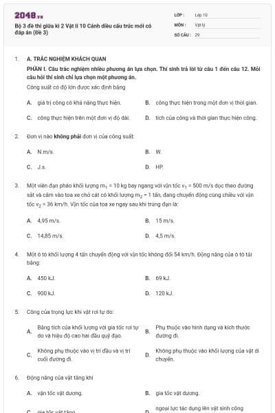 Bộ 3 đề thi giữa kì 2 Vật lí 10 Cánh diều cấu trúc mới có đáp án (Đề 3)