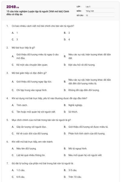 15 câu trắc nghiệm Luyện tập tả người (Viết mở bài) Cánh diều có đáp án
