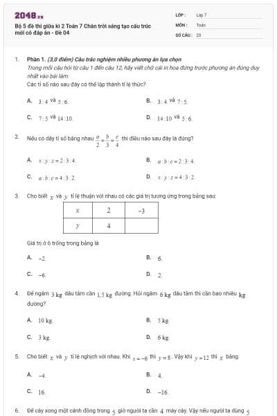 Bộ 5 đề thi giữa kì 2 Toán 7 Chân trời sáng tạo cấu trúc mới có đáp án - Đề 04