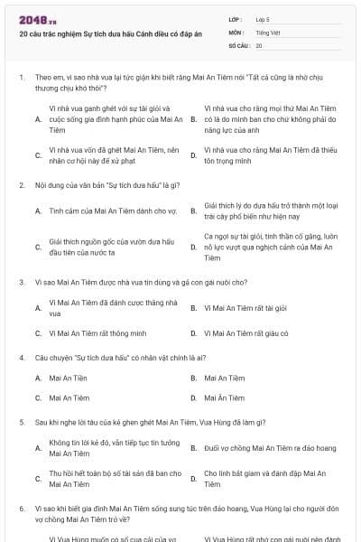 20 câu trắc nghiệm Sự tích dưa hấu Cánh diều có đáp án