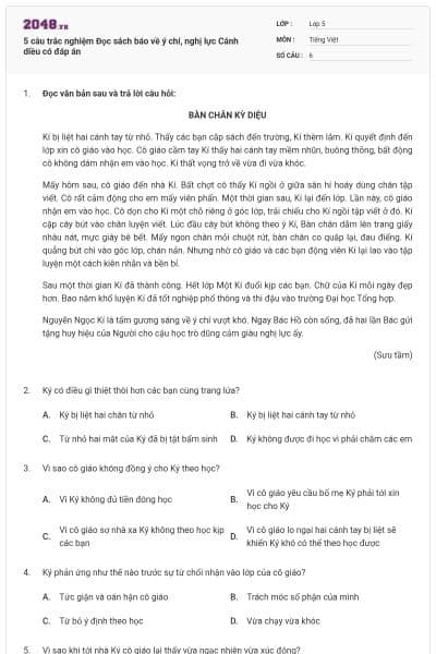 5 câu trắc nghiệm Đọc sách báo về ý chí, nghị lực Cánh diều có đáp án
