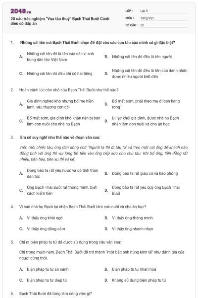 20 câu trắc nghiệm “Vua tàu thuỷ” Bạch Thái Bưởi Cánh diều có đáp án