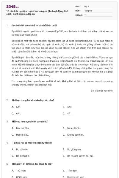 10 câu trắc nghiệm Luyện tập tả người (Tả hoạt động, tính cách) Cánh diều có đáp án