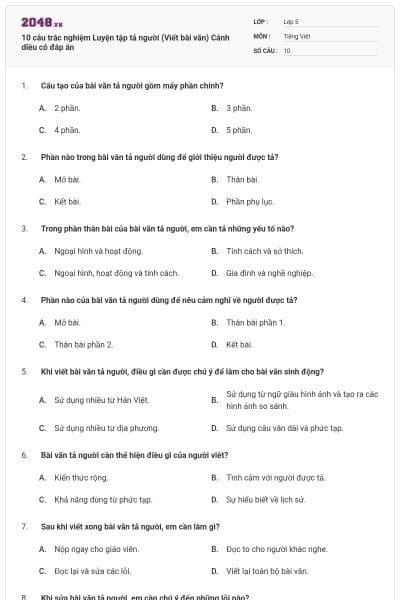 10 câu trắc nghiệm Luyện tập tả người (Viết bài văn) Cánh diều có đáp án