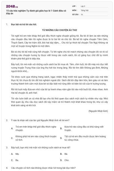 15 câu trắc nghiệm Tự đánh giá giữa học kì 1 Cánh diều có đáp án