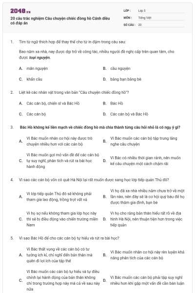20 câu trắc nghiệm Câu chuyện chiếc đồng hồ Cánh diều có đáp án