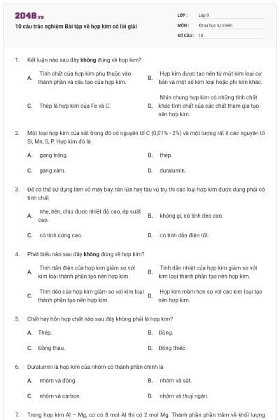 10 câu trắc nghiệm Bài tập về hợp kim có lời giải