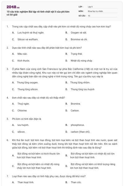 10 câu trắc nghiệm Bài tập về tính chất vật lí của phi kim có lời giải