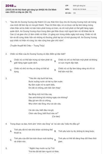 (2025) Đề thi thử Đánh giá năng lực ĐHQG Hồ Chí Minh năm 2025 có đáp án (Đề 15)