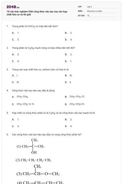 10 câu trắc nghiệm Viết công thức cấu tạo của các hợp chất hữu cơ có lời giải
