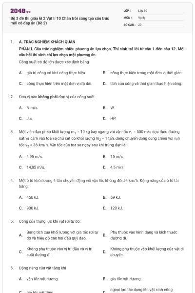 Bộ 3 đề thi giữa kì 2 Vật lí 10 Chân trời sáng tạo cấu trúc mới có đáp án (Đề 2)