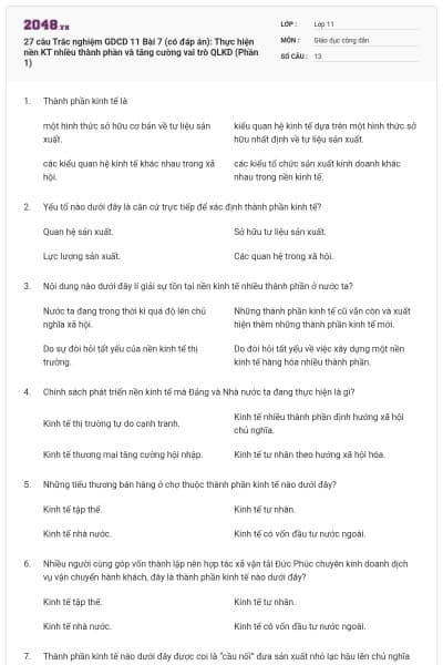27 câu Trắc nghiệm GDCD 11 Bài 7 (có đáp án): Thực hiện nền KT nhiều thành phần và tăng cường vai trò QLKD (Phần 1)