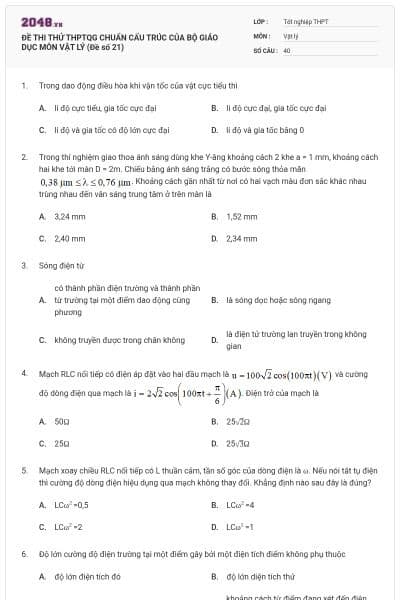 ĐỀ THI THỬ THPTQG CHUẨN CẤU TRÚC CỦA BỘ GIÁO DỤC MÔN VẬT LÝ (Đề số 21)