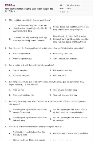 1000 câu trắc nghiệm tổng hợp Quản trị bán hàng có đáp án - Phần 6