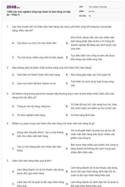1000 câu trắc nghiệm tổng hợp Quản trị bán hàng có đáp án - Phần 9