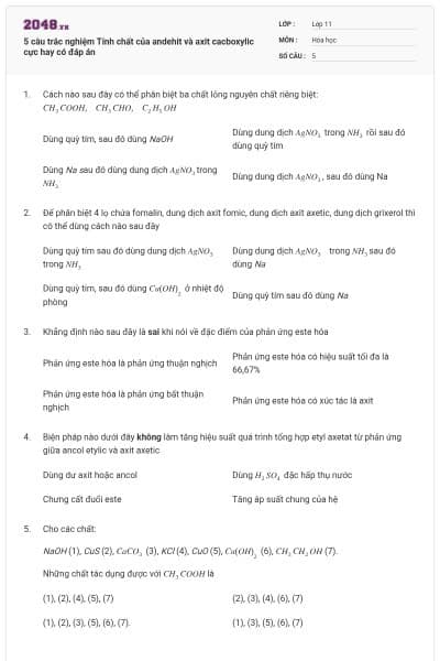 5 câu trắc nghiệm Tính chất của andehit và axit cacboxylic cực hay có đáp án