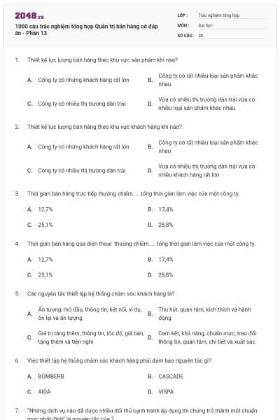 1000 câu trắc nghiệm tổng hợp Quản trị bán hàng có đáp án - Phần 13
