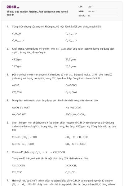 15 câu trắc nghiệm Andehit, Axit cacboxylic cực hay có đáp án