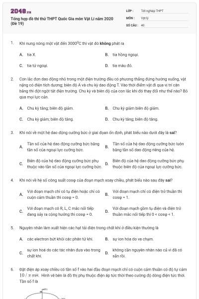 Tổng hợp đề thi thử THPT Quốc Gia môn Vật Lí năm 2020 (Đề 19)