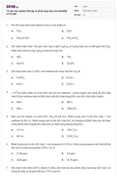 10 câu trắc nghiệm Bài tập về phản ứng cháy của ALKANE có lời giải