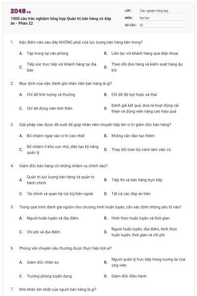 1000 câu trắc nghiệm tổng hợp Quản trị bán hàng có đáp án - Phần 22