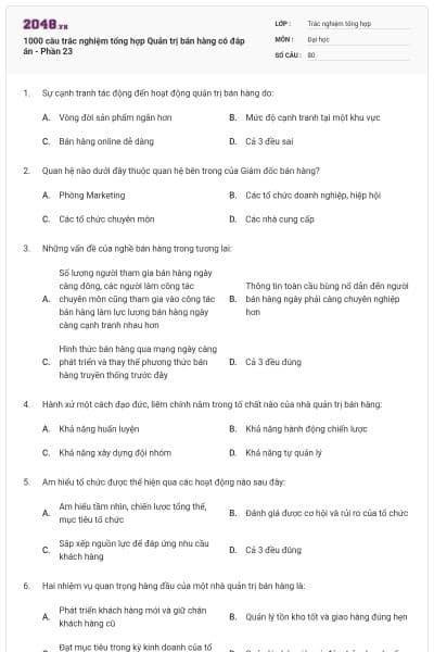 1000 câu trắc nghiệm tổng hợp Quản trị bán hàng có đáp án - Phần 23