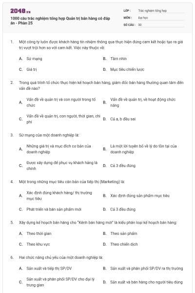 1000 câu trắc nghiệm tổng hợp Quản trị bán hàng có đáp án - Phần 25