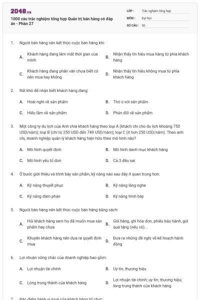 1000 câu trắc nghiệm tổng hợp Quản trị bán hàng có đáp án - Phần 27