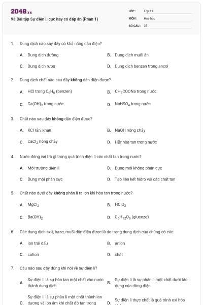 98 Bài tập Sự điện li cực hay có đáp án (Phần 1)
