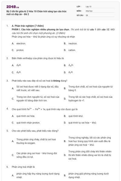 Bộ 3 đề thi giữa kì 2 Hóa 10 Chân trời sáng tạo cấu trúc mới có đáp án - Đề 2