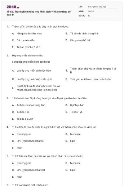 15 câu Trắc nghiệm tổng hợp Miễn dịch – Nhiễm trùng có đáp án