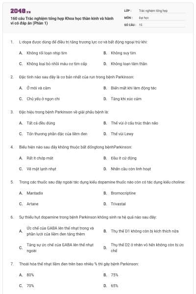 160 câu Trắc nghiệm tổng hợp Khoa học thần kinh và hành vi có đáp án (Phần 1)
