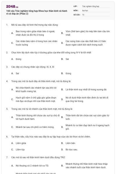 160 câu Trắc nghiệm tổng hợp Khoa học thần kinh và hành vi có đáp án (Phần 2)